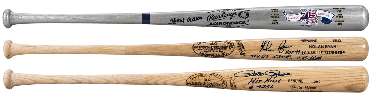 Lot of (3) Baseball Greats Signed Bats: Hank Aaron, Nolan Ryan & Pete Rose (JSA)